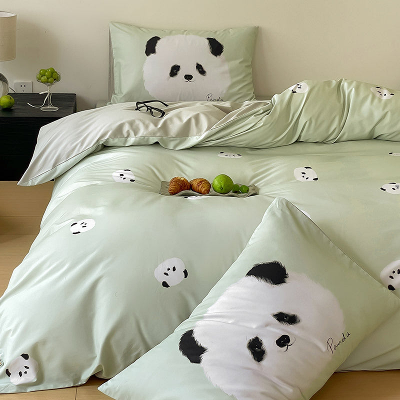 Reversible bedding set made of cotton percale with cute bunny motif and fine satin look