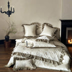 Ruffled bedding set made of cotton satin with rose embroidery and contrast piping