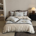 Premium bedding set with ruffles and vintage toile pattern