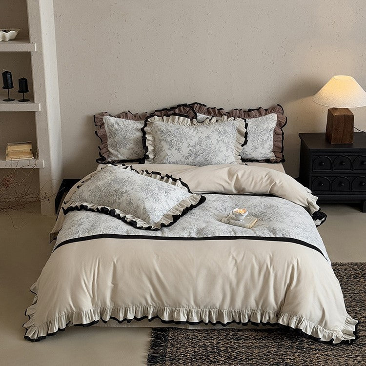Premium bedding set with ruffles and vintage toile pattern