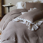 Luxurious cotton-linen bedding set with ruffle and crochet lace trim
