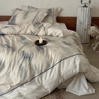 Bedding set made of cotton percale with delicate watercolor fern print and contrasting piping