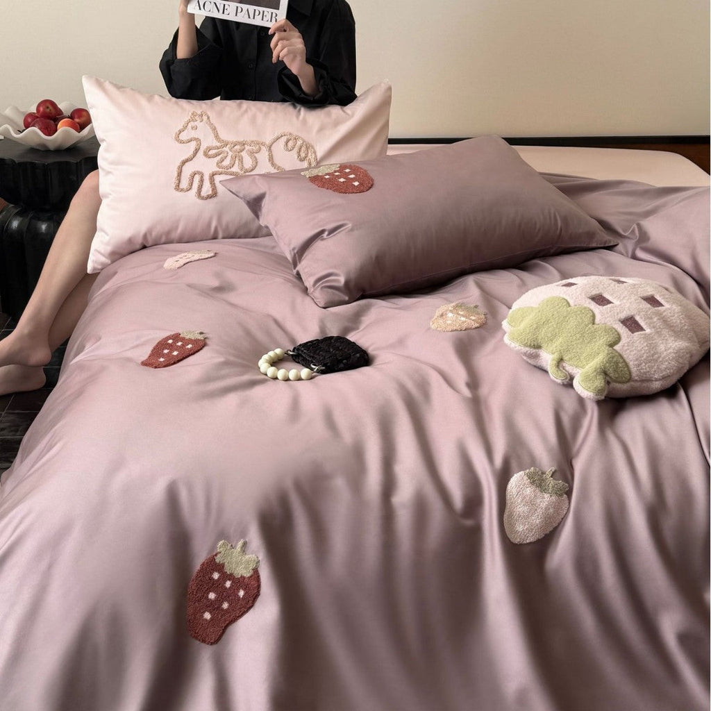 Luxurious cotton satin bedding set with embroidered strawberry appliqués