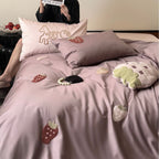 Luxurious cotton satin bedding set with embroidered strawberry appliqués