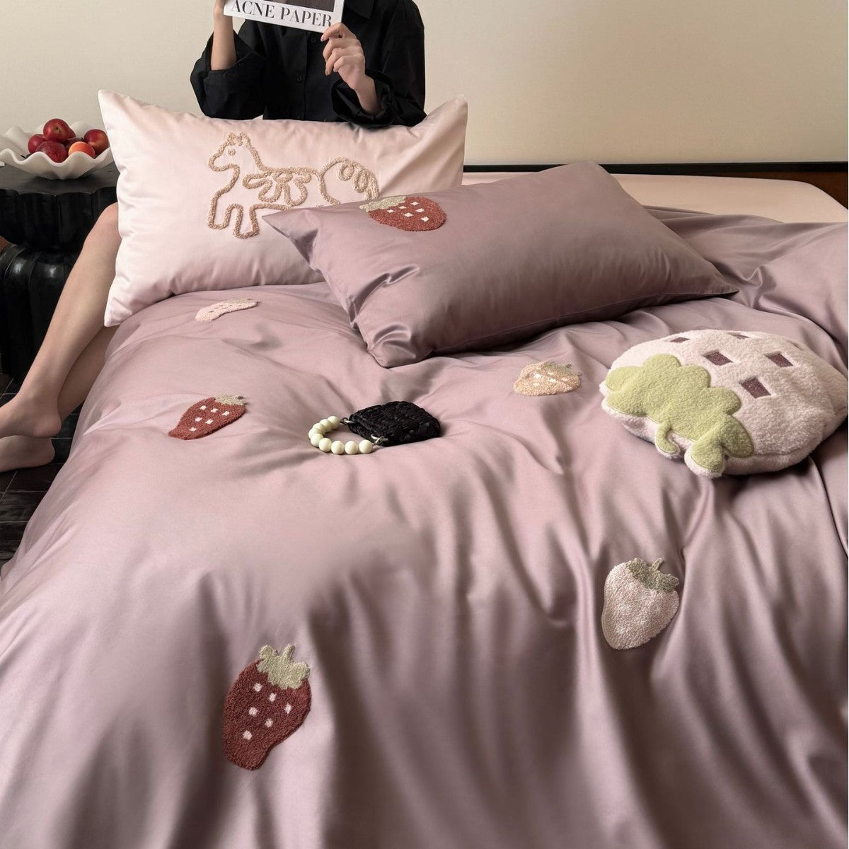 Luxurious cotton satin bedding set with embroidered strawberry appliqués