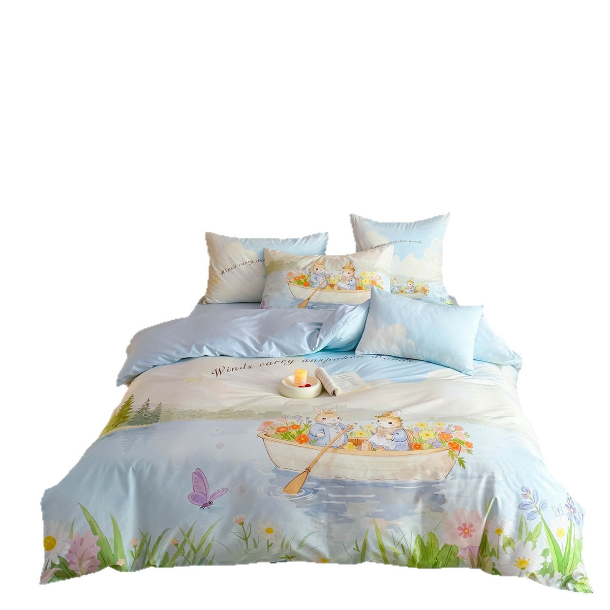 Romantic satin bedding set with floral watercolor illustration and moon bunny application Bowlift
