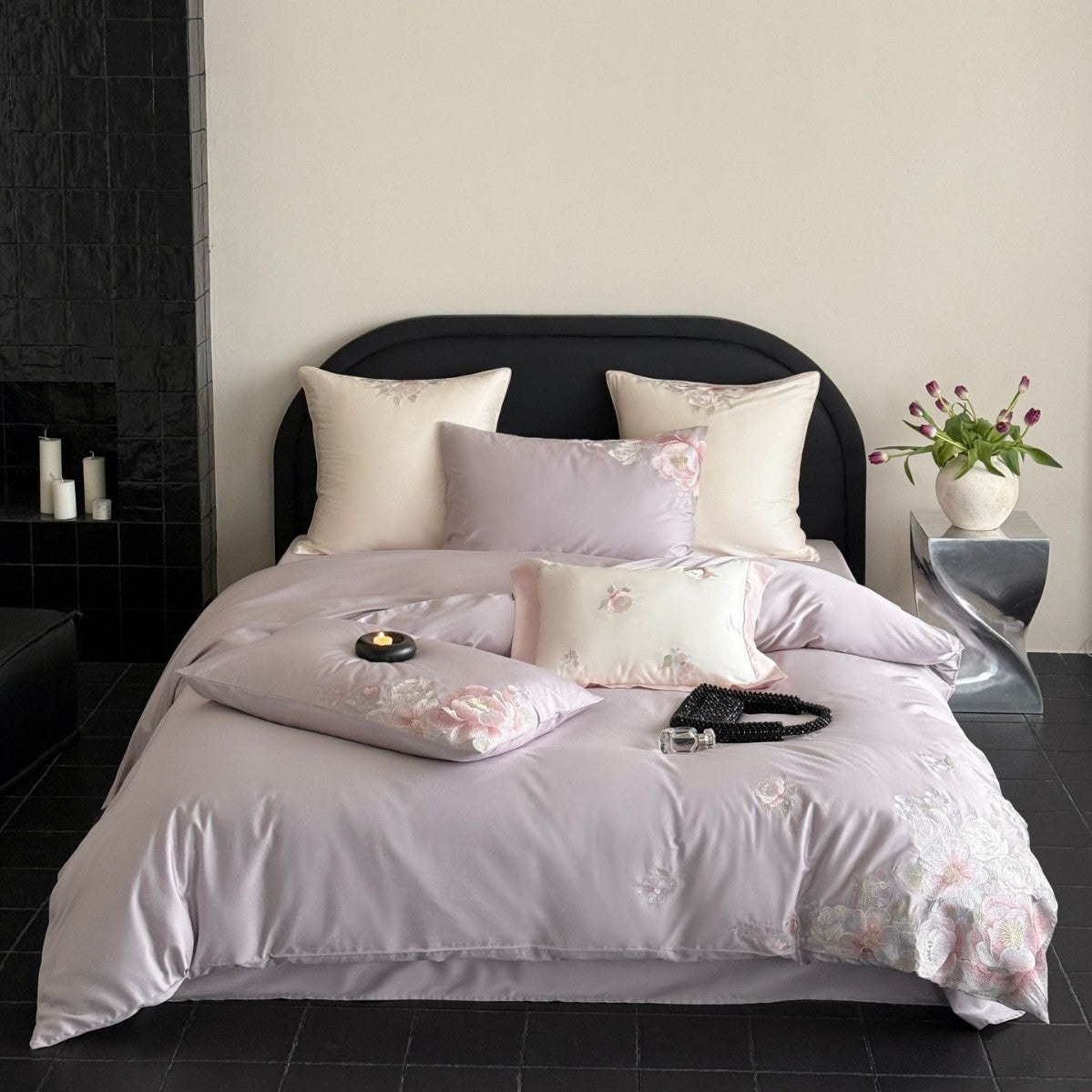 Embroidered satin bedding set with floral relief embroidery and silky finish Bowlift