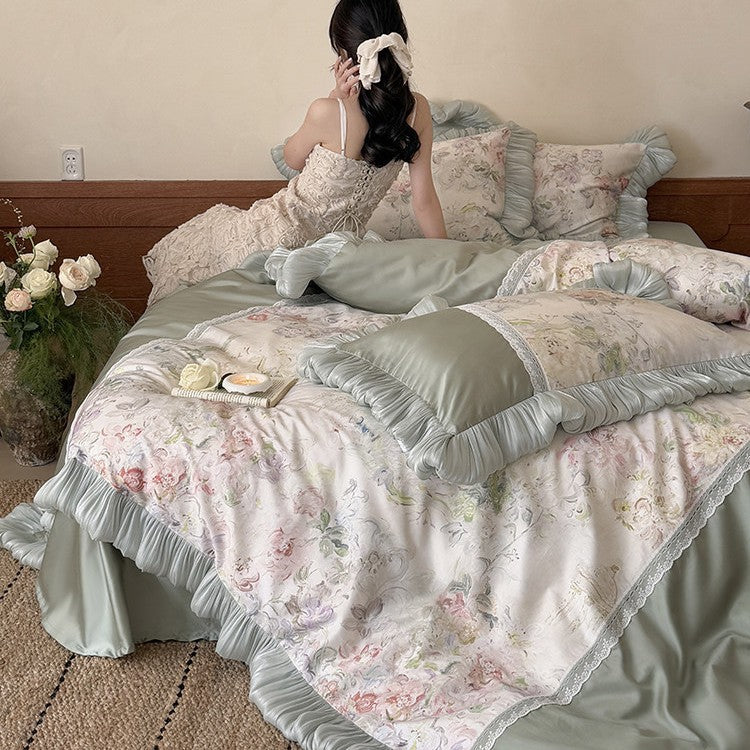 Luxury bed set with pleated ruffle, lace trim and floral watercolor print