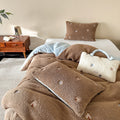 Teddy-fleece bedding set with flower embroidery and reversible design