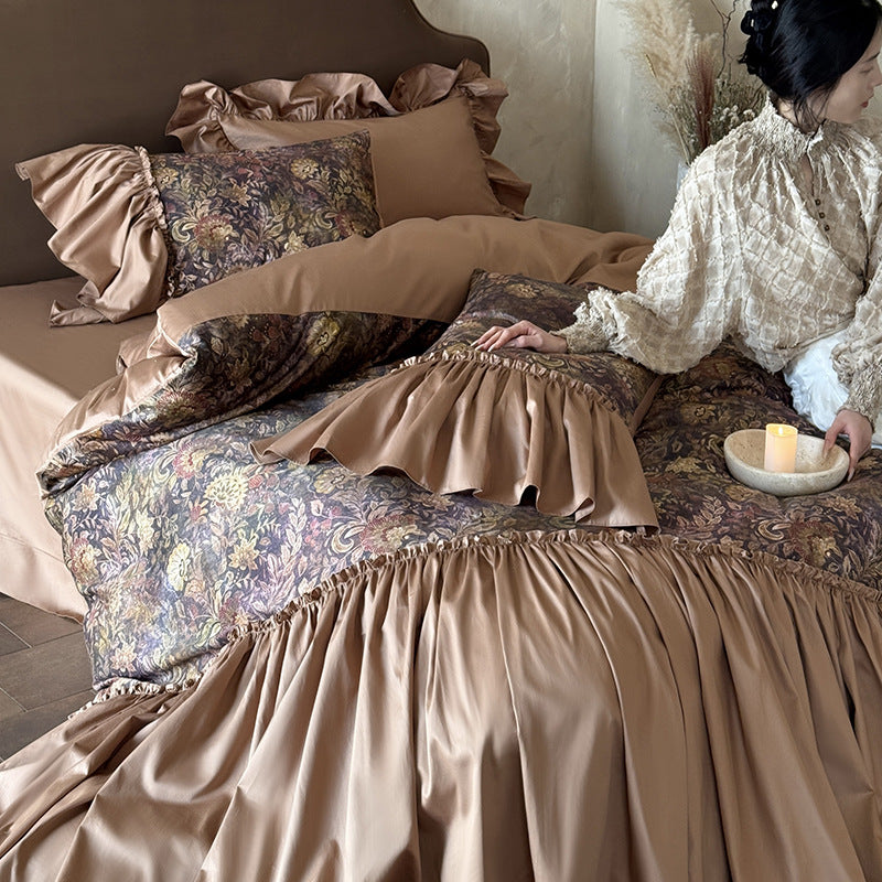 Opulent jacquard bedding set with large flounce and decorative ruffle edging