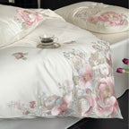 Embroidered satin bedding set with floral relief embroidery and silky finish