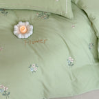 Delicate embroidered cotton bedding set with gentle botanical embroidery and bow ties Bowlift