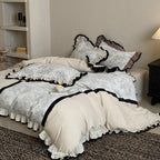 Premium bedding set with ruffles and vintage toile pattern