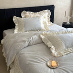 Luxurious ruffled satin bedding set with jacquard pattern and pleated edges