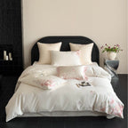 Embroidered satin bedding set with floral relief embroidery and silky finish