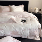 Luxurious satin bedding set with delicate rose and butterfly embroideries