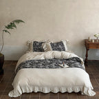 Country House bedding set made of cotton-linen with jacquard flower panel, frill and lace border