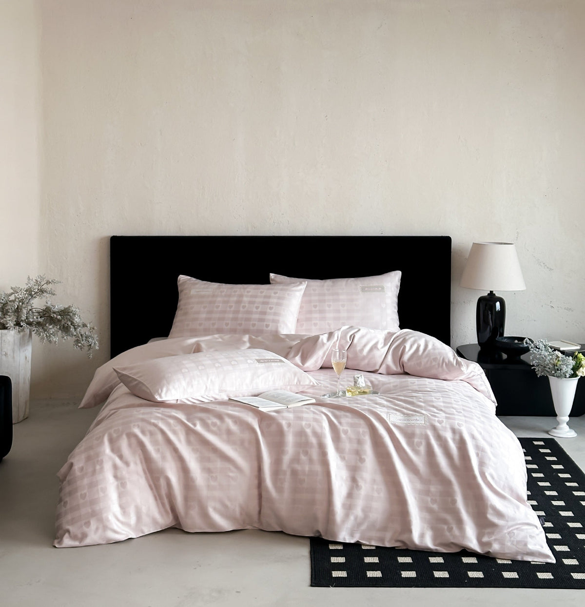 Luxurious cotton satin bed linen set with subtle check pattern and silk matte finish Bowlift