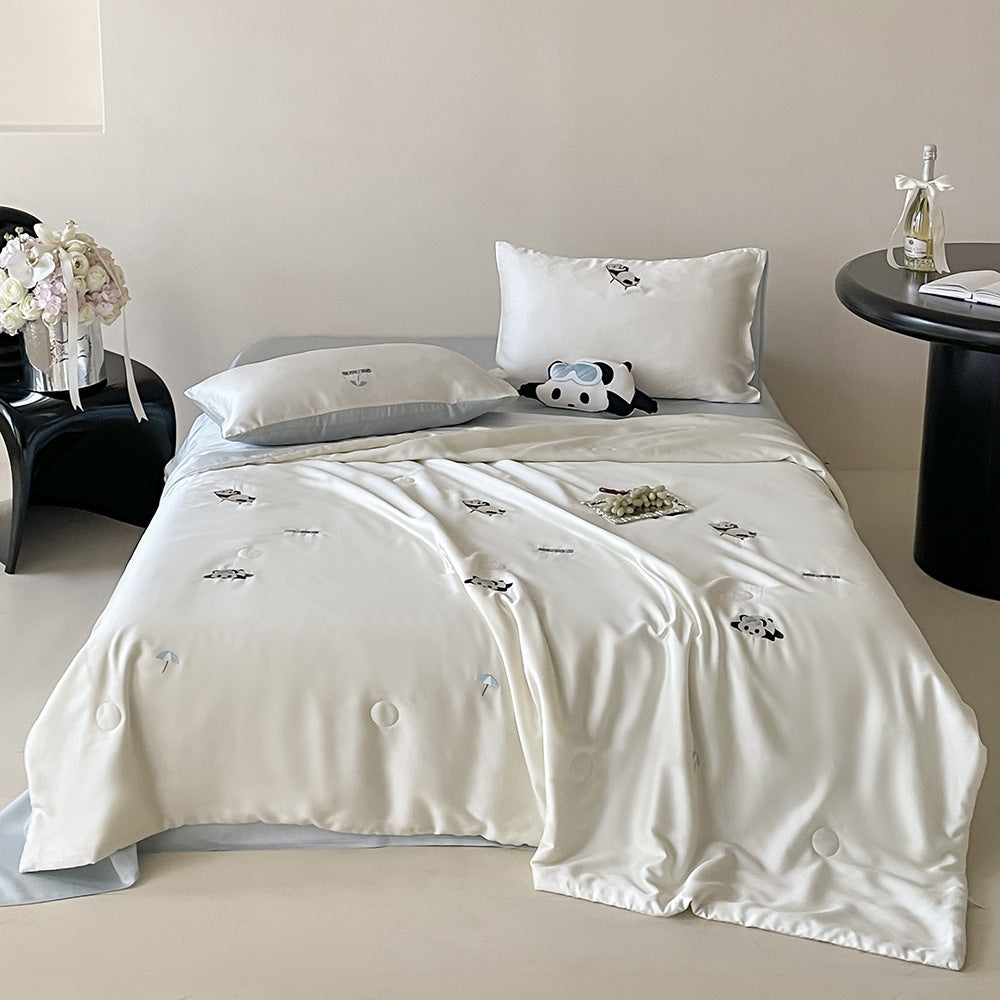 Silky shiny satin bedding set with cute panda embroidery