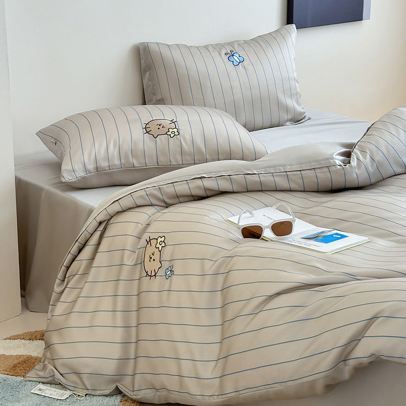 Reversible cotton satin bedding set with fine stripe pattern and cute cat embroidery