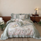 Luxury bed set with pleated ruffle, lace trim and floral watercolor print