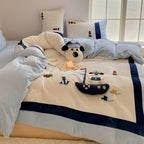 Children's bedding set with quilted blanket, waffle texture and embroidered sea motif