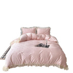 Luxurious satin bedding set with ruffles and subtle heart print Bowlift