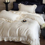 Elegant bedding set with ruffled frill, fine jacquard texture and lace trim