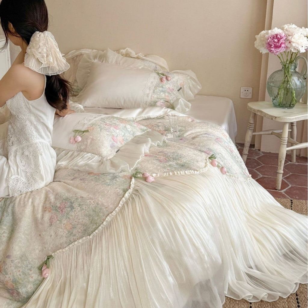 Romantic bedding set with ruffled frill, embroidered decorative pillows, and flowing pleated bedspread Bowlift