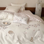 Elegant embroidered bedding set made of cotton satin with cat and flower motif Bowlift