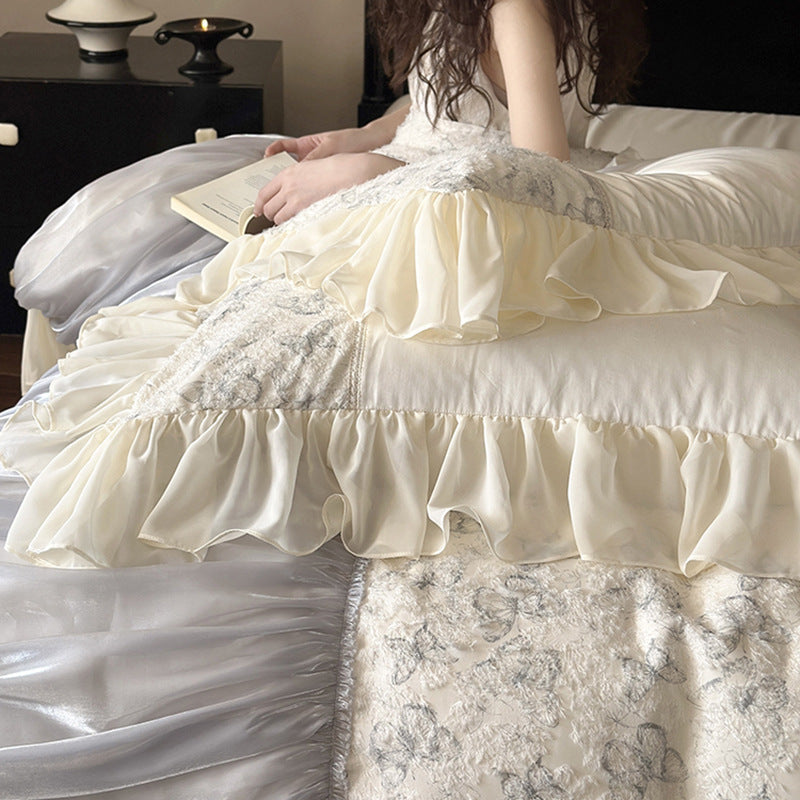 Luxury bedding set with gathered satin decor, floral jacquard duvet & ruffle cushion