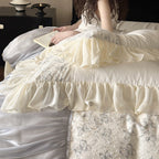Luxury bedding set with gathered satin decor, floral jacquard duvet & ruffle cushion