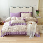Romantic bed linen complete set made of cotton percale with delicate floral print, ruffle trim, and silky-matte finish
