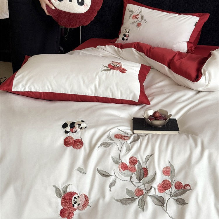 Embroidered cotton satin bed linen set with floral apple and panda appliqué Bowlift