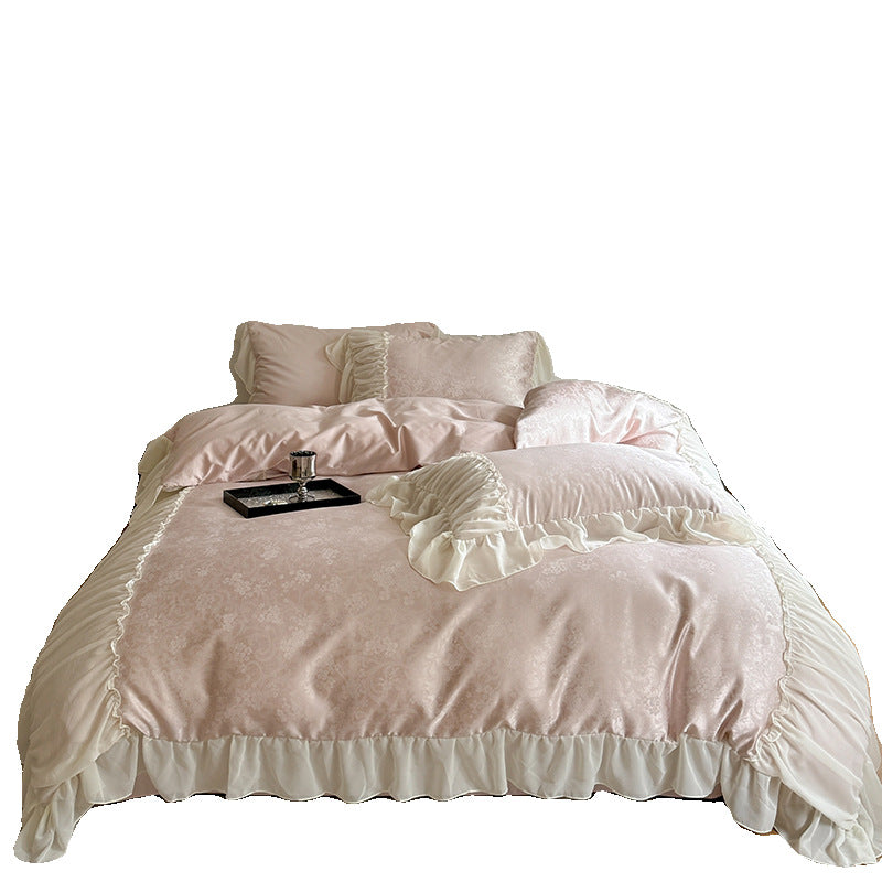 Satin bedding set with ruffled border and fine damask relief