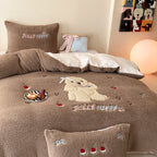 Teddy-fleece bedding set with flower embroidery and reversible design