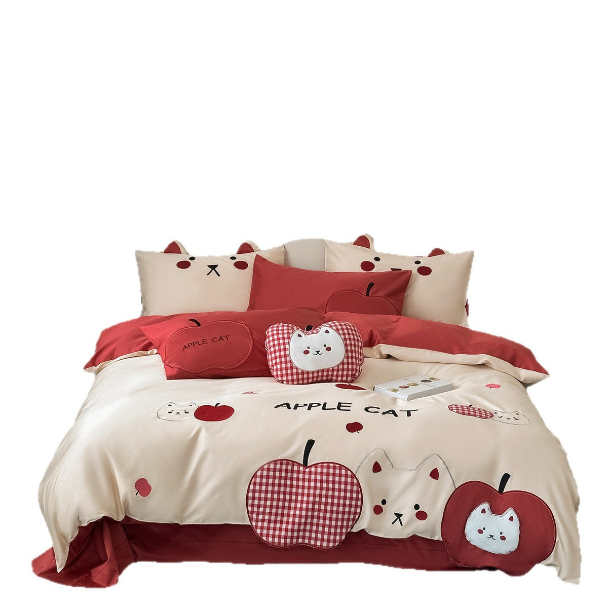 Children's bedding set with apple cat appliqués and quilted decorative pillowcase Bowlift