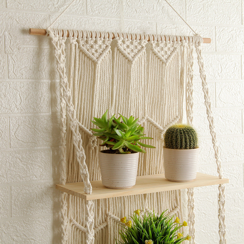 Decorative Wall-Mounted Macrame Shelf with Natural Wooden Accents Bowlift