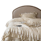 Luxurious satin bedding set with lace ruffles and jacquard texture