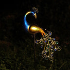 Decorative Metal Peacock Garden Stake Sculpture With Integrated LED Fairy Lights And Weatherproof Outdoor Stake Bowlift