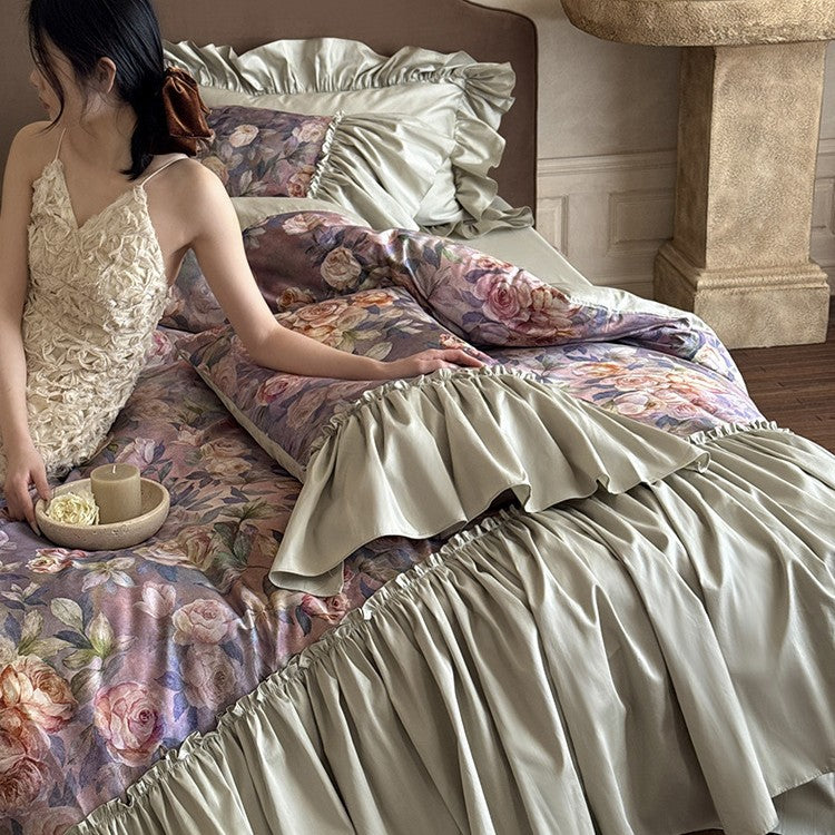 Bedding set made of cotton satin with lavish frills and floral watercolor print