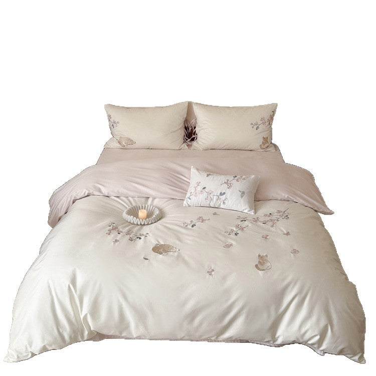 Elegant embroidered bedding set made of cotton satin with cat and flower motif Bowlift