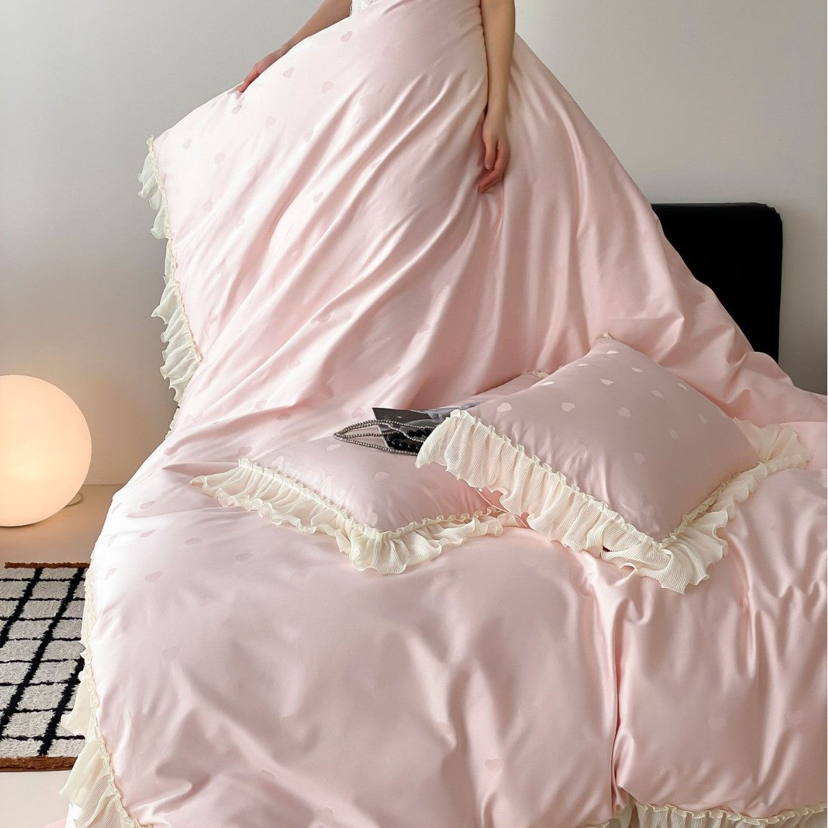 Luxurious satin bedding set with ruffles and subtle heart print Bowlift
