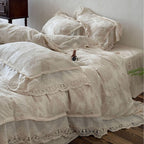 Bed linen set made of linen-cotton mix with large floral print and lace frill Bowlift