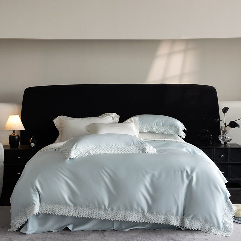 Luxurious satin bedding set with fine lace trim