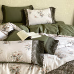 Satin bed linen set with floral print and delicate lace trim