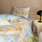 Romantic satin bedding set with floral watercolor illustration and moon bunny application Bowlift