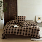 Checked cotton satin bedding set with textured check pattern and quilted bedspread