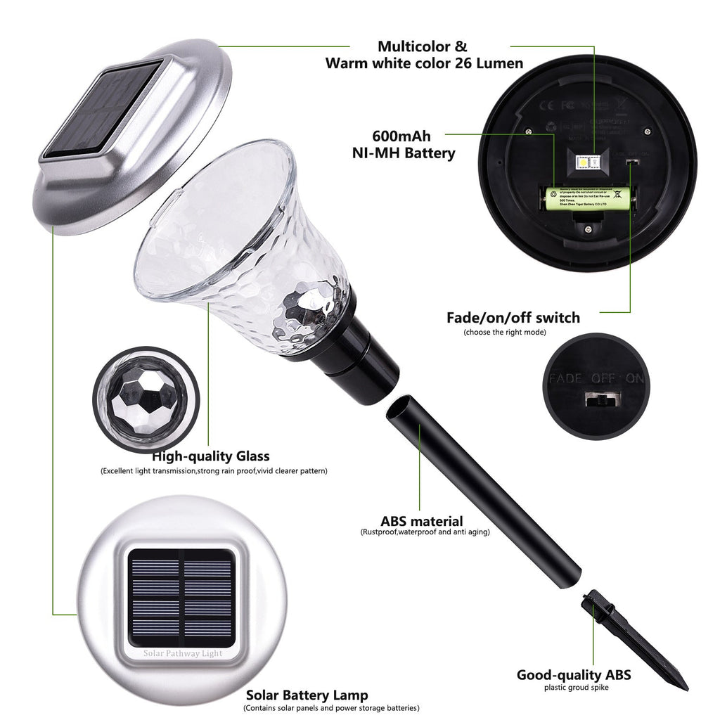 Solar LED Projecting Pathway Stake Lights With Color-Changing Crystal Lens And Dusk-To-Dawn Sensor Bowlift