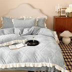Bedding set with delicate ruffle trim and Jacquard damask structure